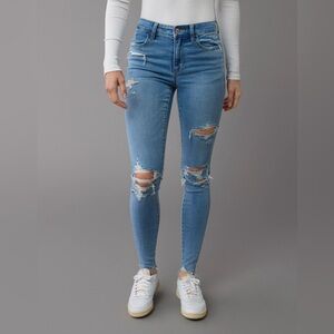 American Eagle, the dream jeans, super high rise Blue Distressed Jeggings